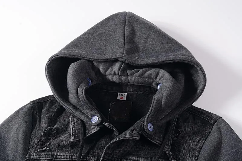 KIOVNO Men's Ripped Denim Jackets Knitted Sleeves Hooded Black Jeans Jackets Outwear For Male High Street  (3)