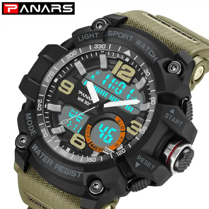khaki PANARS Green мужские армейские электронные часы водонепроницаемые наручные часы светодиодный двойной ход Мужские t спортивные часы мужские S спортивные ударные часы - Цвет: khaki