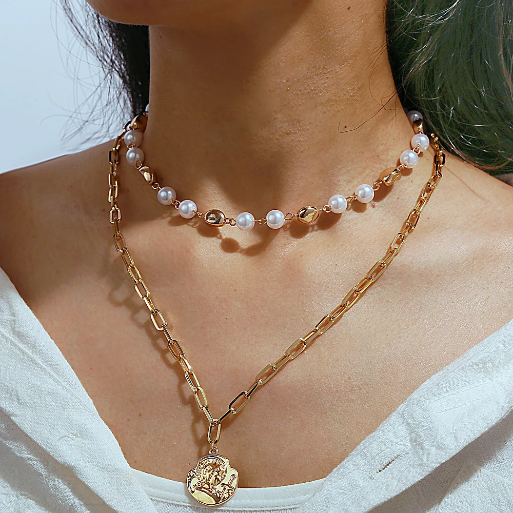 

Vintage Imitation Pearl Necklace for Women Long Gold Chain Double Layered Necklace Pendant Necklace 2019 Boho Jewelry Collares