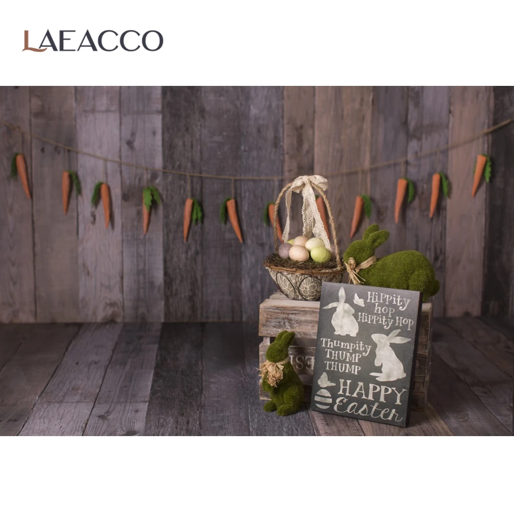 

Laeacco Old Planks Happy Easter Festivals Carrots Rabbit Basket Eggs Floor Party Newborn Photographic Background Photo Backdrops
