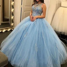 Новое поступление Бальное Платье милое платье Кинсеаньера светильник небесно-голубое кружево Бисероплетение Аппликации Формальное вечернее платье