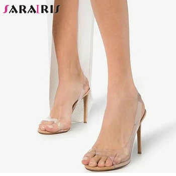 

SARAIRIS Ins Fashion Lady Thin Heel Casual Holiday Casual Sandals Summer Sandals Women Transparent PVC High Heel Shoes Woman