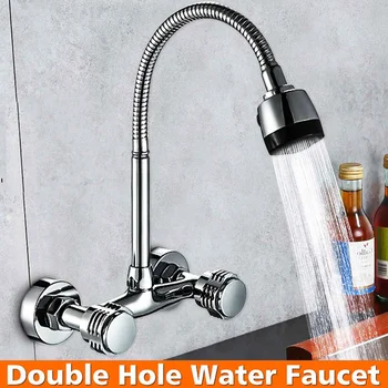 

New Wall Mounted Flexible Faucet Double Handle Single Hole Bathroom Sink Washbasin Water Mixe Tap Hot Cold Water Kitchen Faucet