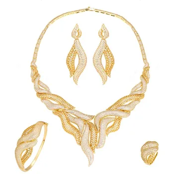 

Bride Talk Hot-sale Products Full Cubic Zircon Africa Dubai Jewelry 4 Sets Two Tone Necklace Earring Bangle Ring Women Jewelry