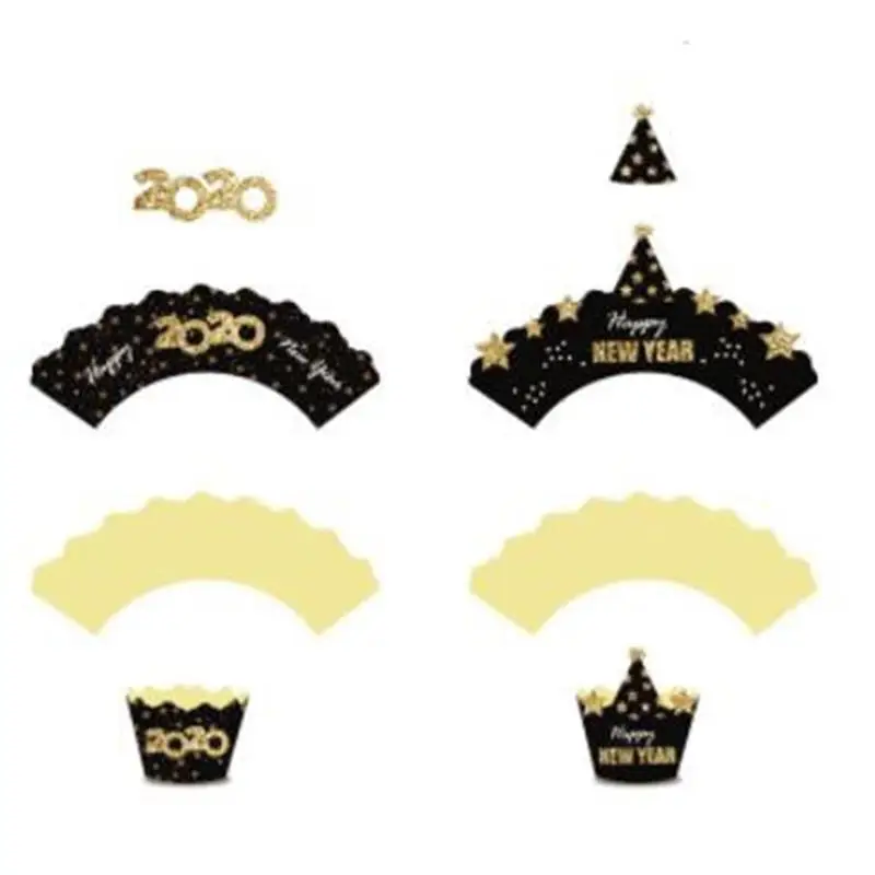 

24/48pcs 2020 Cake Toppers Wrappers Happy New Year Party Dessert Decorations Cupcake Toppers Wrappers For New Year Party