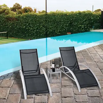 

3 PCS Outdoor Patio Pool Lounger Set Reclining Garden Chairs Glass Table
