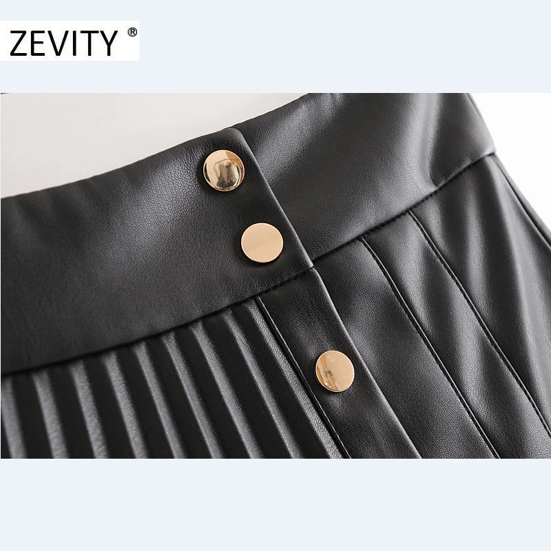 Zevity Women vintage high waist PU Leather pleated mini skirt faldas mujer ladies front buttons casual brand chic skirts QUN689