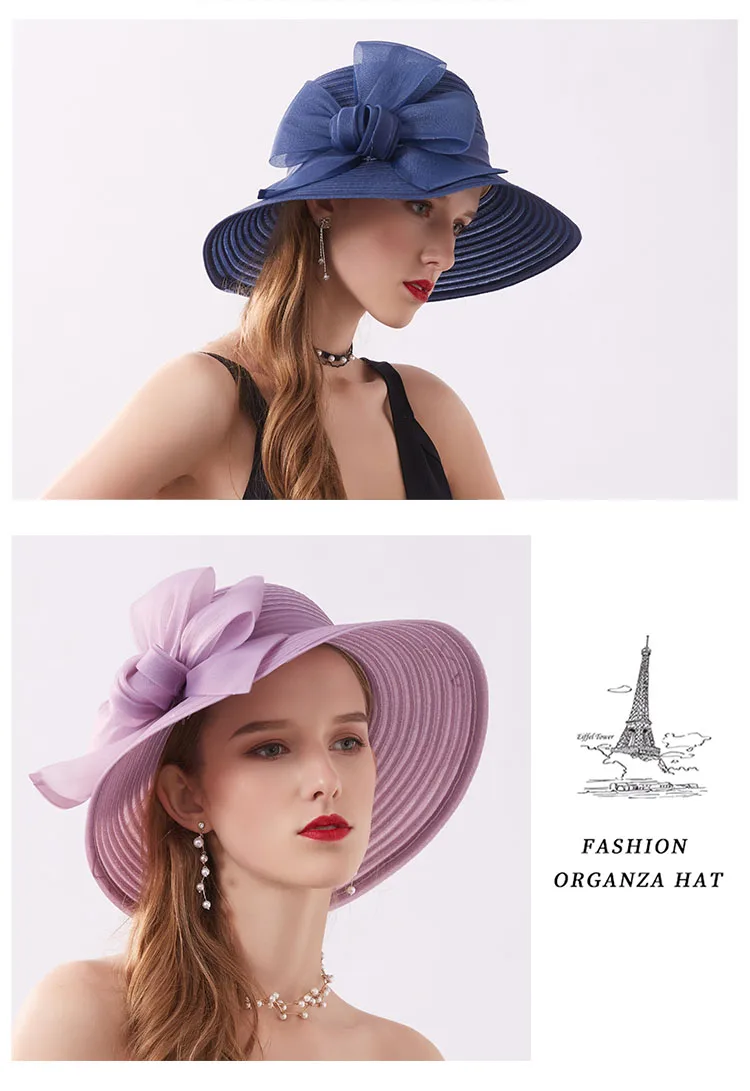 FS Pink Wide Brim Hats For Women Caps Ladies Fascinators Fedora Hat Flower Wedding Church Party Beach Sun Hats
