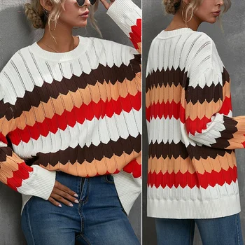 

Women's Fashion Casual Striped Contrast Color Round Neck Knit Sweater Tops Red