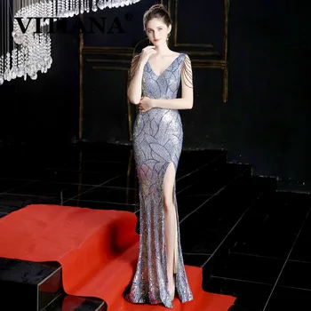 

VITIANA Women Twinkling Sequined Sexy Party Long Dress Female Backless Tassels Elegant Dresses Femme Noble Banquet Vestidos