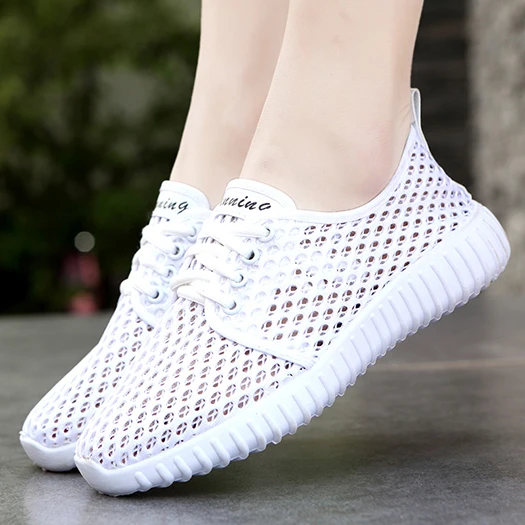 Hollow Out Zomer Flats Sneakers Vrouwelijke Ademend Schoenen China Designer Mesh Ronde Neus Trainers Vrouwen Wit Roze Up - Schoenen