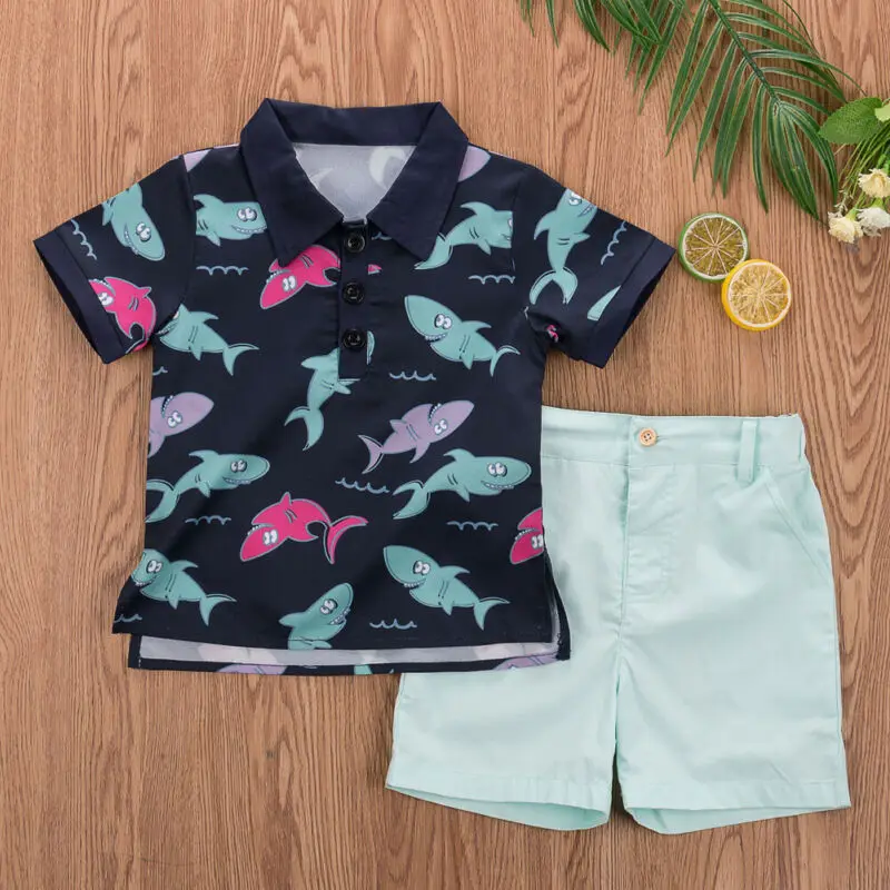 Детская одежда комплект из 2 предметов для новорожденных мальчиков, футболка с короткими рукавами и принтом акулы+ шорты детская одежда, спортивный костюм