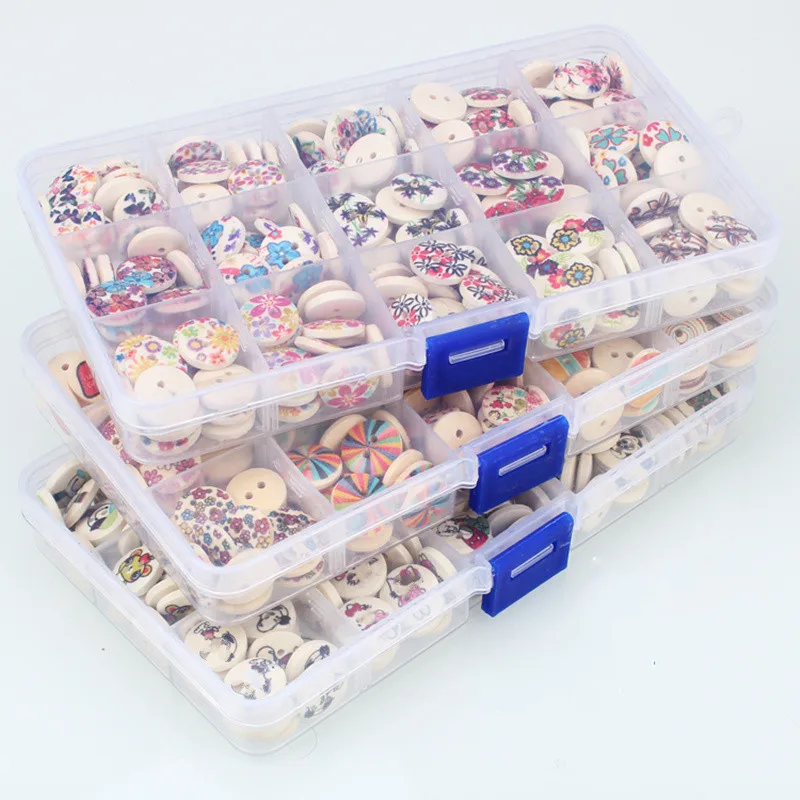 Comprar ¡Descuento grande! 225 Uds. Imprimir 2 agujeros botones de madera con caja de almacenamiento 15 botones decorativos de estilo para vestimenta accesorios de costura