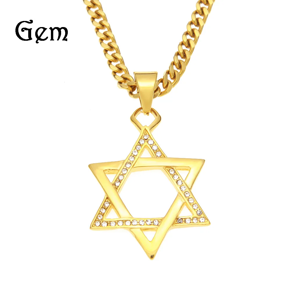 

Hip Hop Rock And Roll Men Accessories Gold Star of David Diamond Set Gold Plated Stainless Steel Pendant