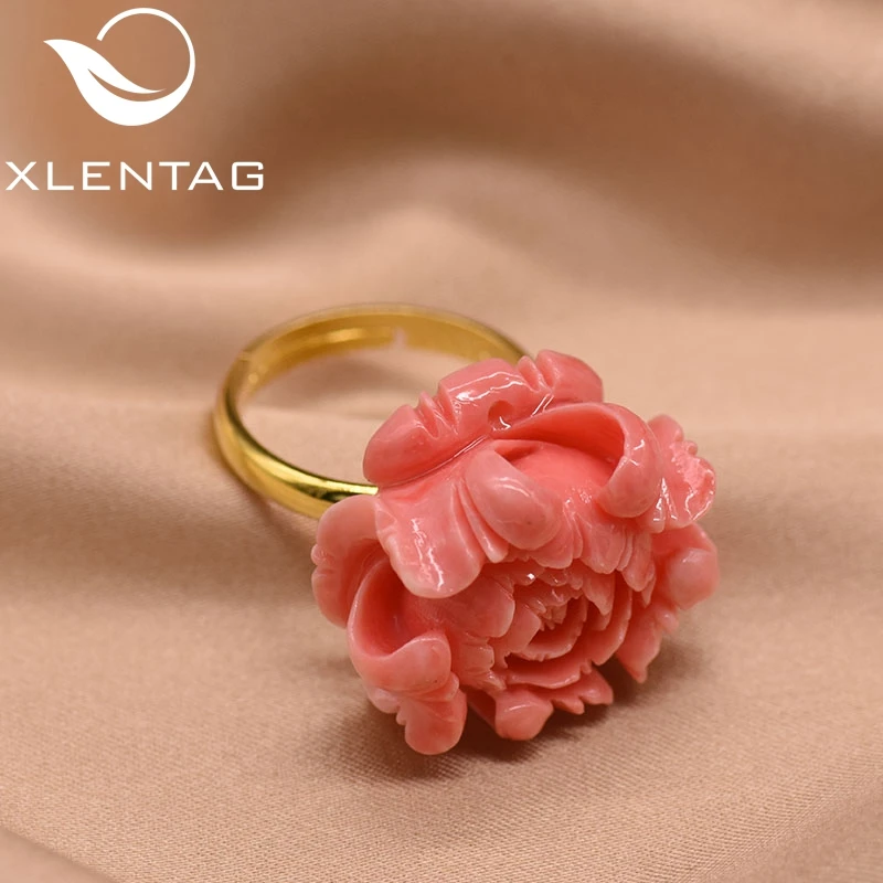 XlentAg, дизайн, 925 пробы, серебряная, Коралловая пудра, цветок, регулируемое кольцо для женщин, вечерние, подарочное кольцо, хорошее ювелирное изделие GR0223