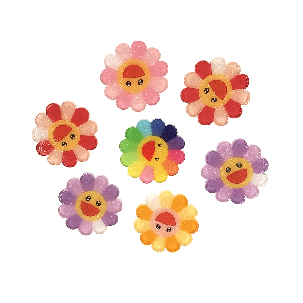 20Pcs/lot Glitter Smiley Sun Flower Flatback Resin Cabochon Planar Kids Hair Bows Accessories Scrapbooking Fit Phone Deco Parts