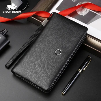

BISON DENIM Genuine Leather Wallet Men Luxury Brand Phone Wallet Zipper Coin Long Purse Large Business Male Wallet N8252