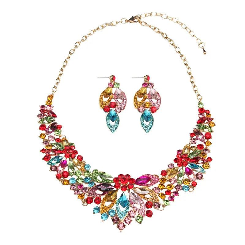 Роскошное многоцветное цветочное ожерелье из природных кристаллов, серьги для банкета, ювелирный набор для женщин, Золотая цепочка, аксессуары