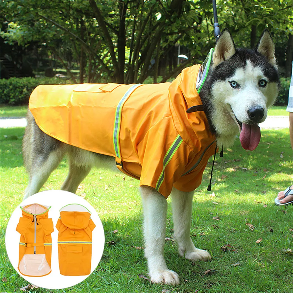 Dog Raincoat Reflective Waterproof Pet Zipper Rain Cape Clothe High Neck Hooded For Medium Big Dogs Cloak Rainwear | Дом и сад