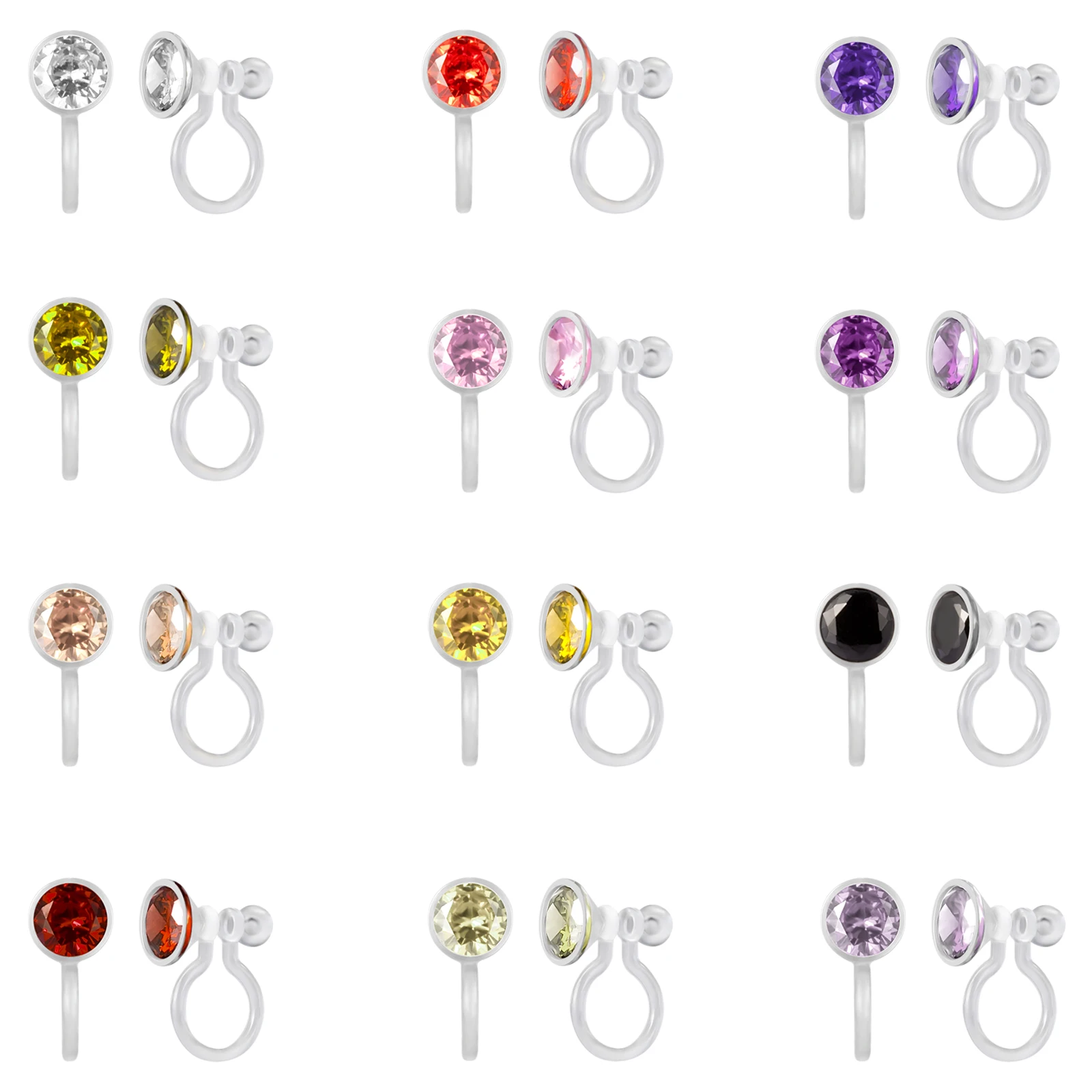 

12 Pairs Plastic invisible Clip On Earrings for Sensitive Ears,Birthstone Cubic Zirconia Earring Sets Non Pierced Ear for girls