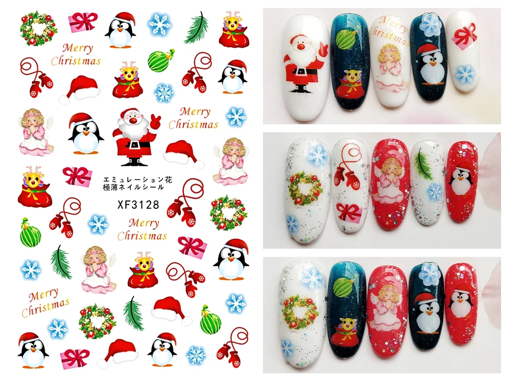 Снежная Рождественская наклейка для ногтей художественное украшение снеговик наклейка для ногтей для маникюра Пингвин наклейка для ногтей дизайн Санта Клаус клей - Цвет: XF3128