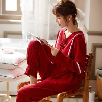 

2020 Autumn New Pure Cotton Pajamas Women Korean Palace Style Simple Red Home Service Two-piece Suit Nuisette Femme Dormir Tops