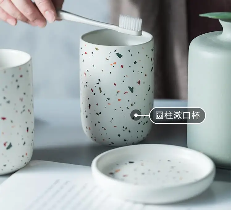 Terrazzo Ceramic Bathroom Decor Set Emulsion Bottle Gargle Cup Image 8
