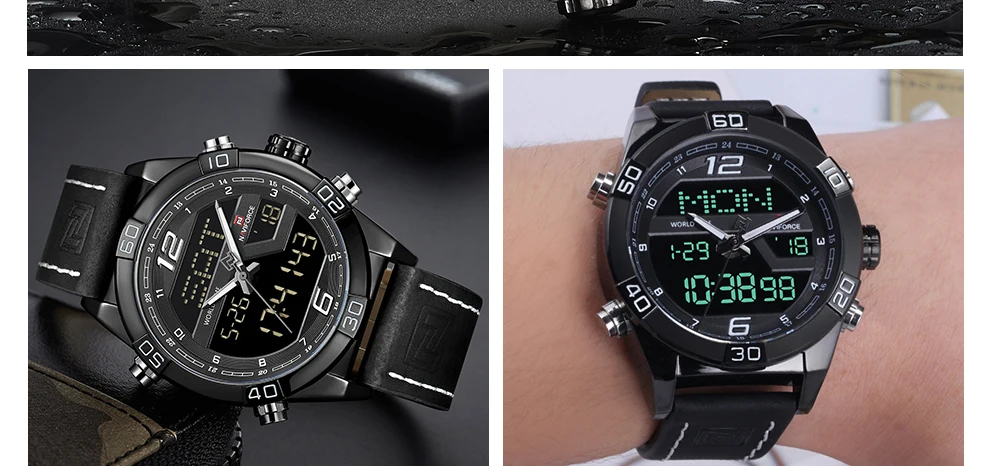 NAVIFORCE Business Watch for Men Genuine Leather Dual Display Digital Clock Waterproof Dial Fashion Wristwatch Relogio Masculino