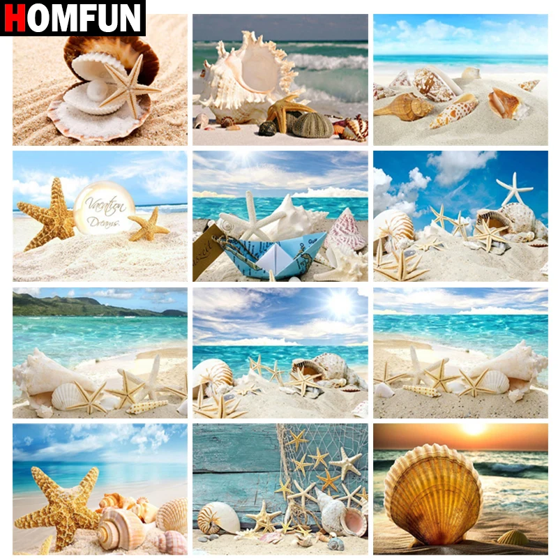 HOMFUN Diamond Painting Cross Stitch Beach shell conch scene Full Square Round Diy 5d Diamond Embroidery Picture Rhinestone Art diamond painting diamond painting accessories