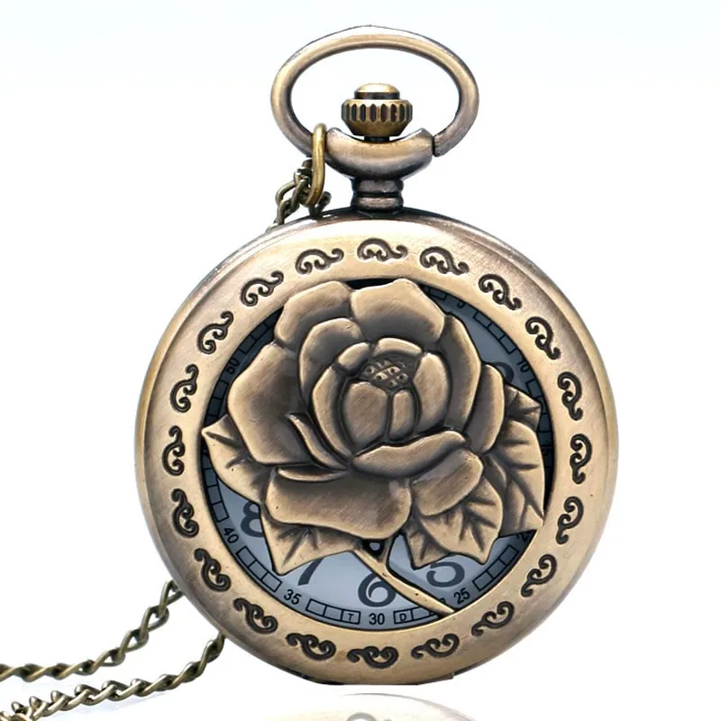 

New Ladies 3D Rose Necklace Women's Girlfriend Gift Hollow Vivid Carving Flower Nurse Quartz Pocket Watch Antique Pendant Chain