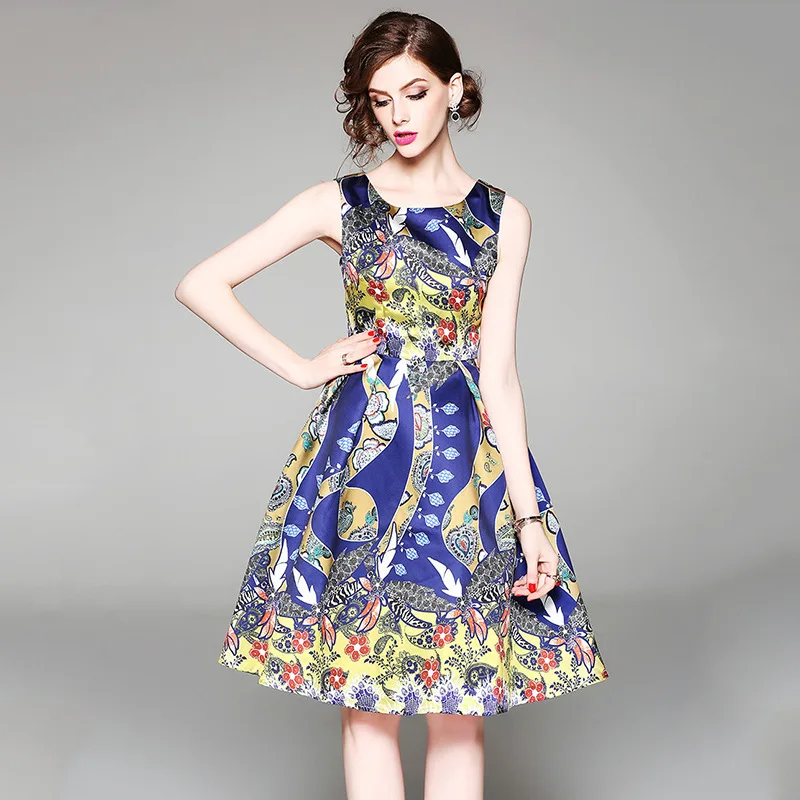 

Photo Shoot WOMEN'S Dress 2018 Spring And Summer New Style Ozhouzhan Floral Printed Dress Sleeveless Elegant Midi-skirt Slim Fit