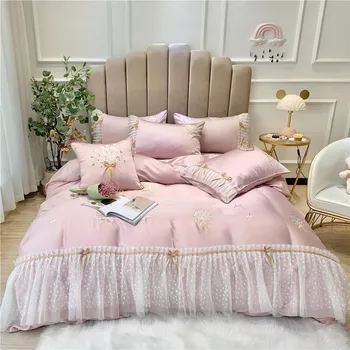 

Princess Style 60 Double-Sided Tencel Four-piece Set GIRL'S Heart Bow Lace Quilt Cover Silky Cool Feeling Bedding Article