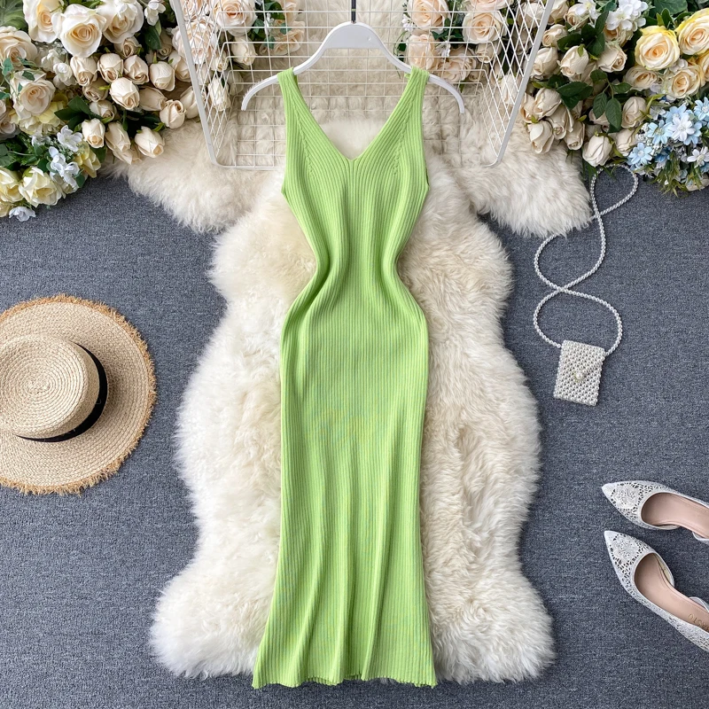 2020 sexy Slim v neck Knitted Midi Dress tank sundresss vestido de fiesta split Summer Party Women Casual Knee Length dress