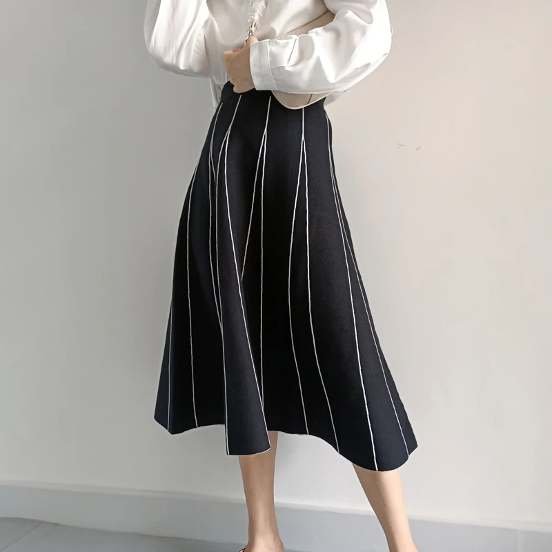 

Free Shipping 2019 Fashion Winter And Autumn Vintage Knitting Long Mid-calf Stretch A-line Skirts Vertical stripes Elastic Waist