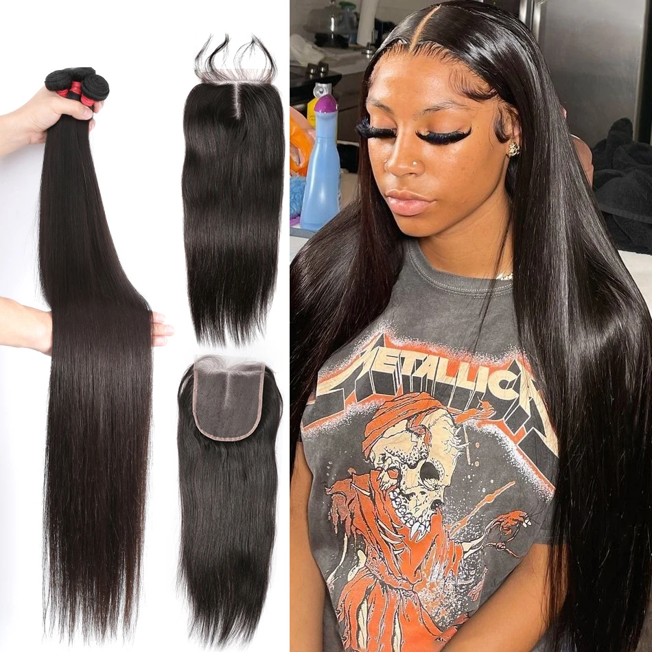 Links 8- 28 Inch Brazilian Hair Straight Bundles With 4*4 Closure Frontal 3  4 Bundles Human Remy 28 30 Inch Hair Wave Extensions - Hair Bundles With  Closures - AliExpress