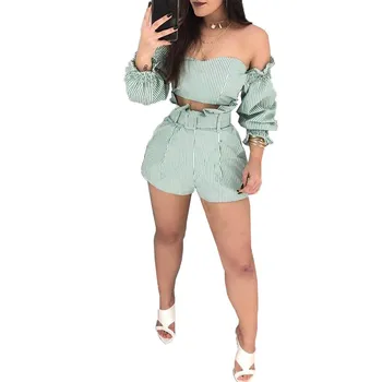 

Summer Sexy Striped Matching Set Lantern Sleeve Women Slash Neck Crop Tops And Causal Shorts Ruffles Plus Size 2 Piece Set