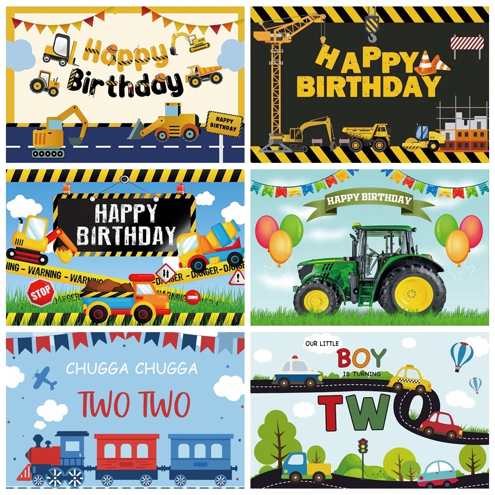 Boy Birthday Train Fire truck Construction Zone Excavator Truck Baby Shower Photography Backdrop Photo Studio Banner photo backdrop