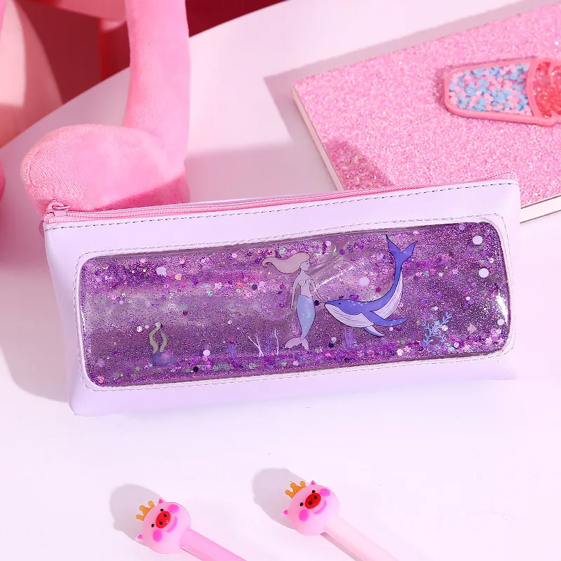 little mermaid purpl Новая прозрачная сумка для ручек с блестками и зыбучим песком, водостойкая сумка для карандашей, вместительный чехол для ручек, подарки для детей - Цвет: little mermaid purpl