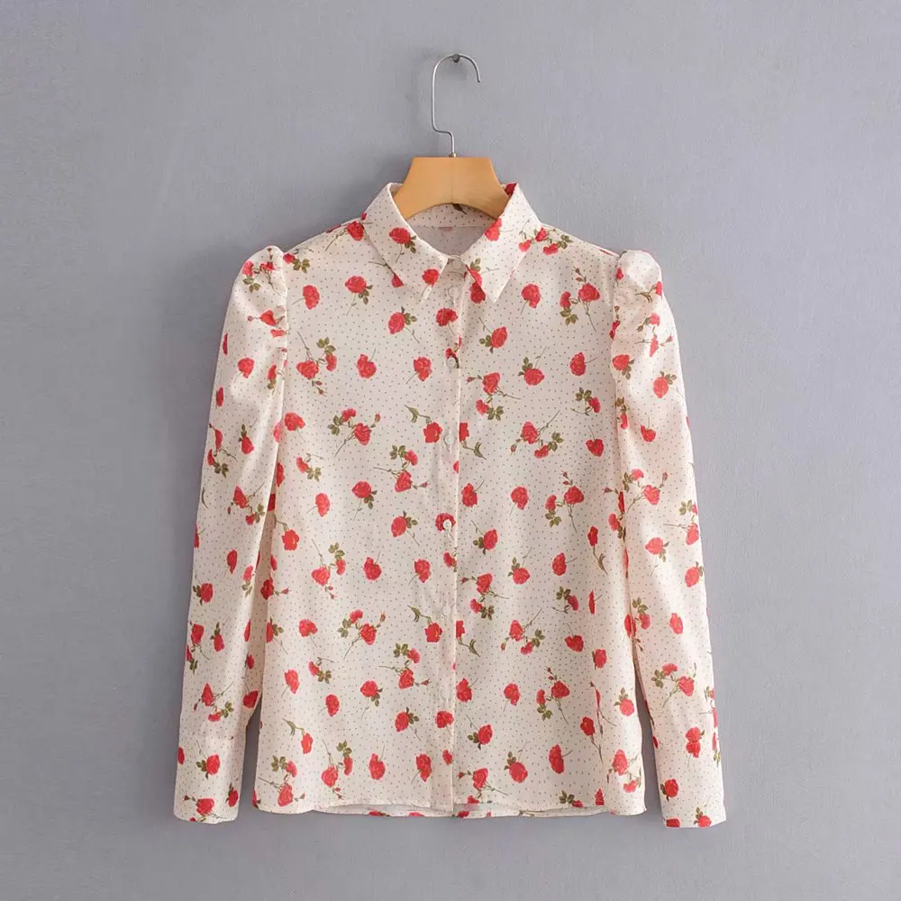 Best 2019 new women sweet flower print dot blouses female puff sleeve casual shirt autumn long sleeve blusas chic chemise tops LS4035