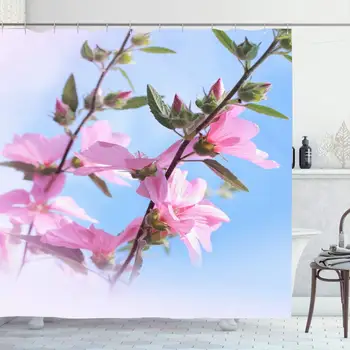 

Shower Curtain Set with Hooks for Bathroom 72x72 Floral Beautiful Mallows Color Malva Botany Closeup Mallow Green Young Nature