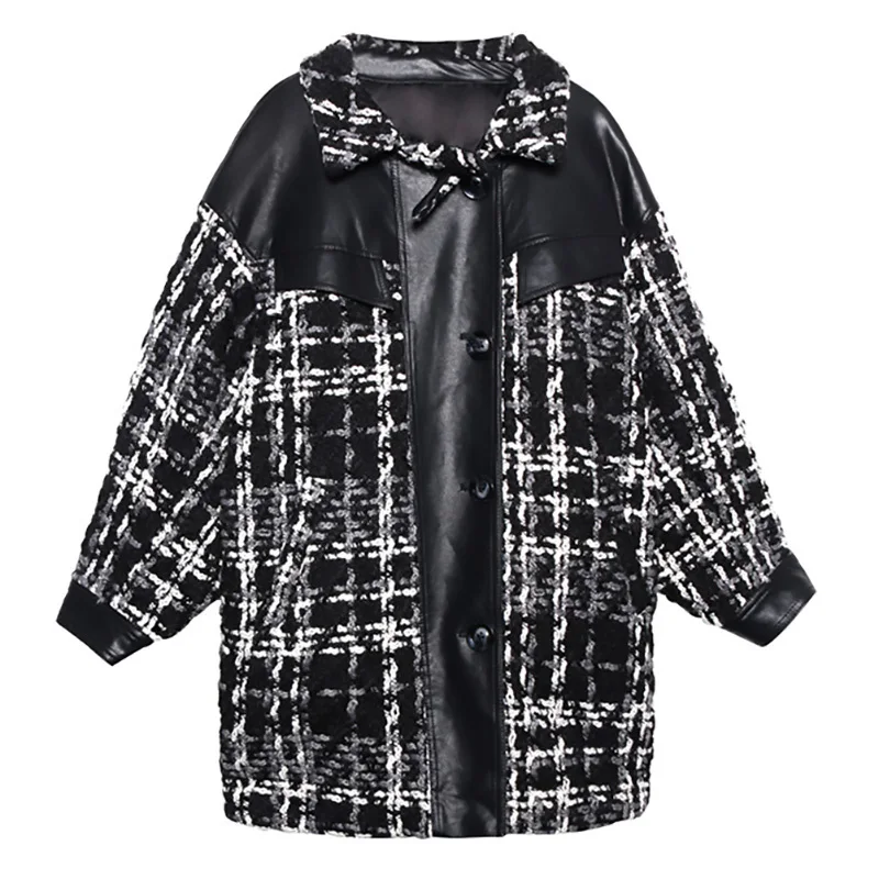 [EAM] свободное черное шерстяное пальто из искусственной кожи в клетку большого размера, парки, новинка, длинный рукав, женская мода, Осень-зима, 1M653