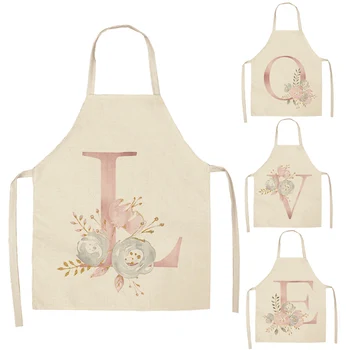 

1 Pcs Pink Letter Flower Cotton Linen Aprons Home Cooking Baking Coffee Shop Cleaning Apron Kitchen Accessories