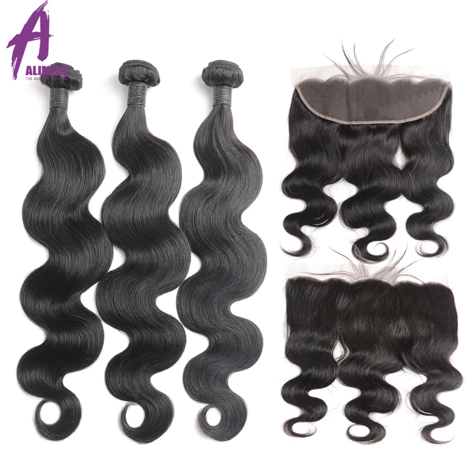 

Alimice Hair Brazilian Body Wave 3 Bundles With Frontal Human Hair Weave Bundles Lace Frontal With Bundles Remy Hair 100g/Bundle