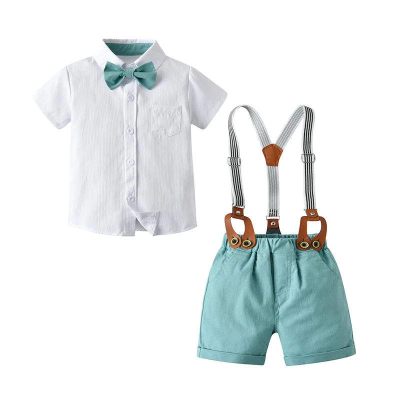

Spring Boys Gentleman Clothing Set Short Sleeve Green Bowtie Shirt Tops+Suspender Shorts Baby Kids Formal Party Suit 3 4 5 Years