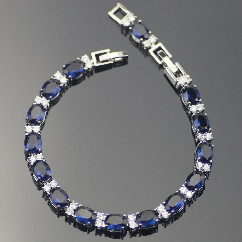 Classic Blue Cubic Zirconia Sterling Silver Bracelets For Women 7+1Inch Free Jewelry Box | Украшения и аксессуары