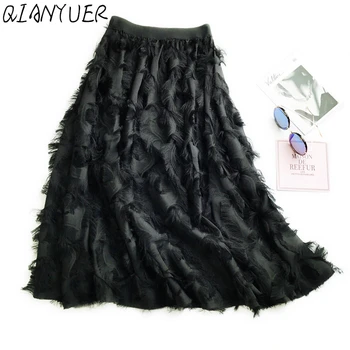 

Luxury Feather Women Maxi Chiffon Skirt 2020 Spring Summer Elegant Midi Skirt High Waist Tassel A Line Long Tutu Skirt