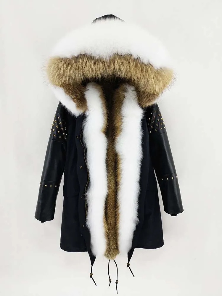 Зимняя куртка натуральный Лисий меховой капюшон, воротник пальто Женская длинная парка с заклепками овечья кожа рукав Верхняя одежда Съемная - Цвет: 4
