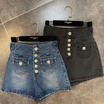 

Ladies Tight High Waist Jeans Shorts for Women New Pocket Diamond Button Black Denim Shorts Female Pants Hot Pants Nancylim