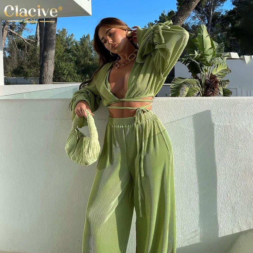 stylish pant suits Clacive Sexy Green Pants Set Women Casual Loose Bandage Blouses Shirt Matching Wide Leg Trousers Suit Elegant 2 Piece Pant Set lawn suits