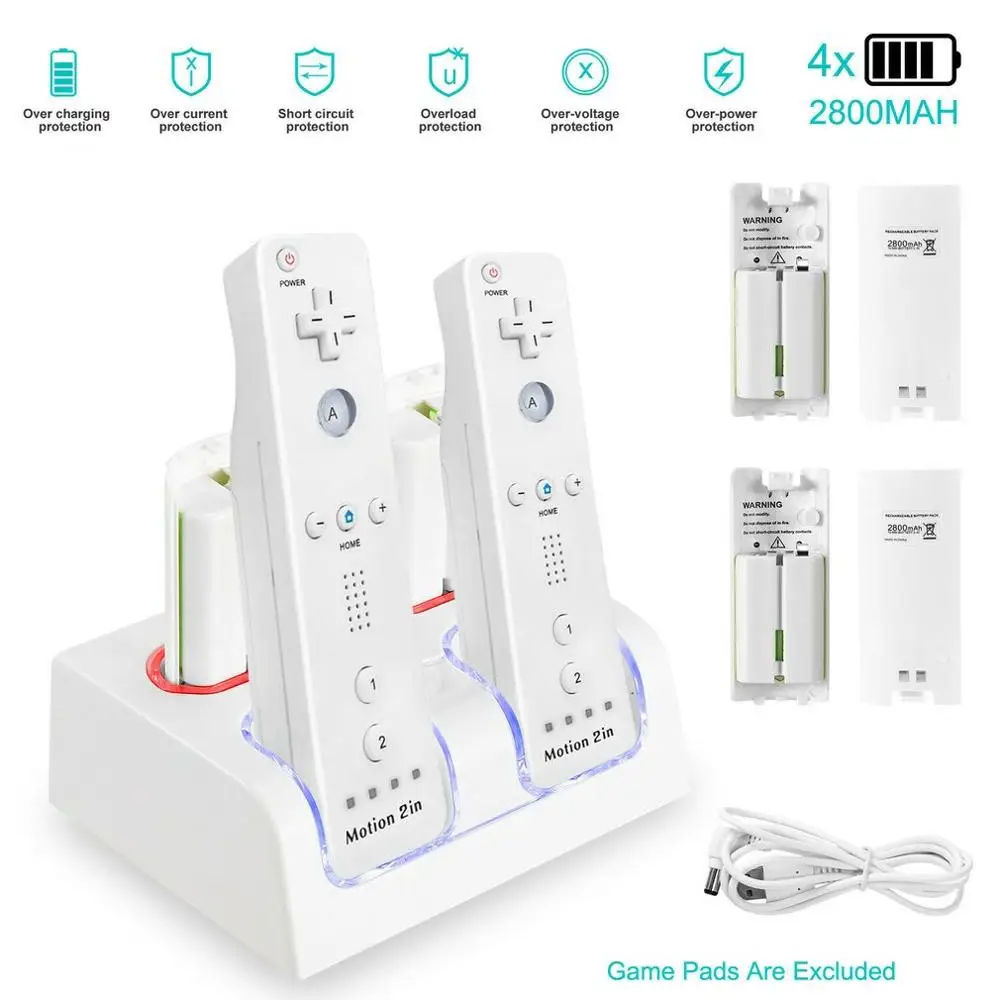 4 в 1 led пульт дистанционного управления зарядная док-станция+ 4x2800mAh батарея для wii u